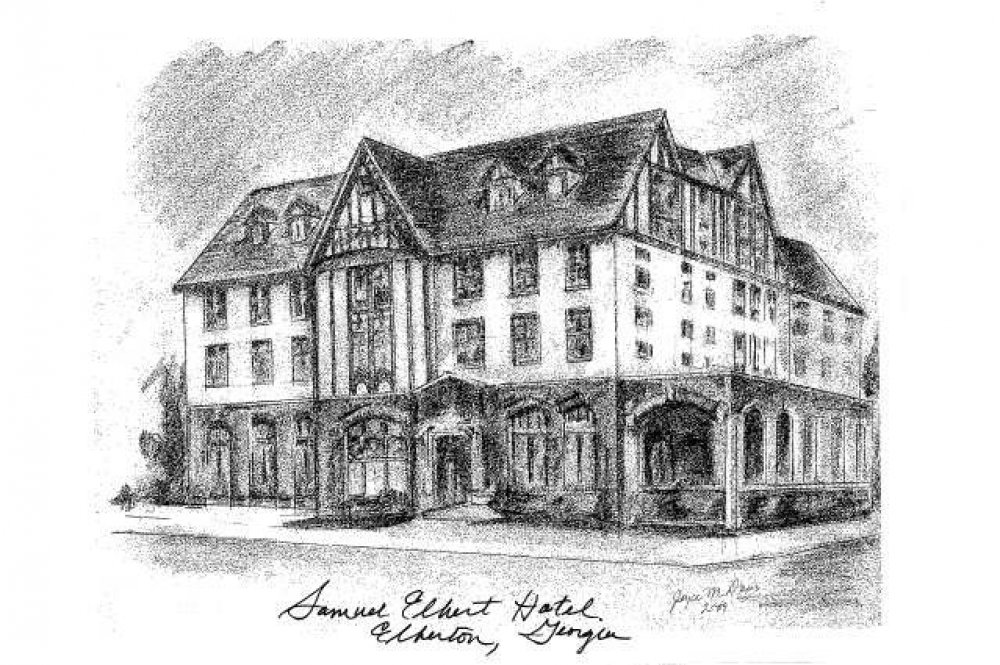 Pencil sketch of the historic boutique Samuel Elbert Hotel in Elberton, Georgia.